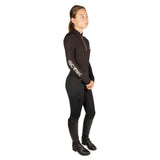 Black hyconic children’s torrellas riding tights with long sleeves and textured thigh patterns for equestrian use