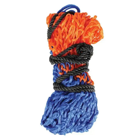 A vibrant orange and blue braided hyconic haynet with black cord and loop, perfect for medium sized dry hay feeding