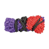 A vibrant twisted bundle of purple and red synthetic rope tied with a dark gray cord on a hyconic haynet medium sized haynet for dry hay