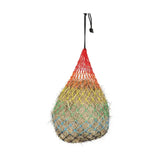 A colorful rainbow-hued mesh hyconic haynet with black hanging loop ideal for dry hay and medium sized haynet use