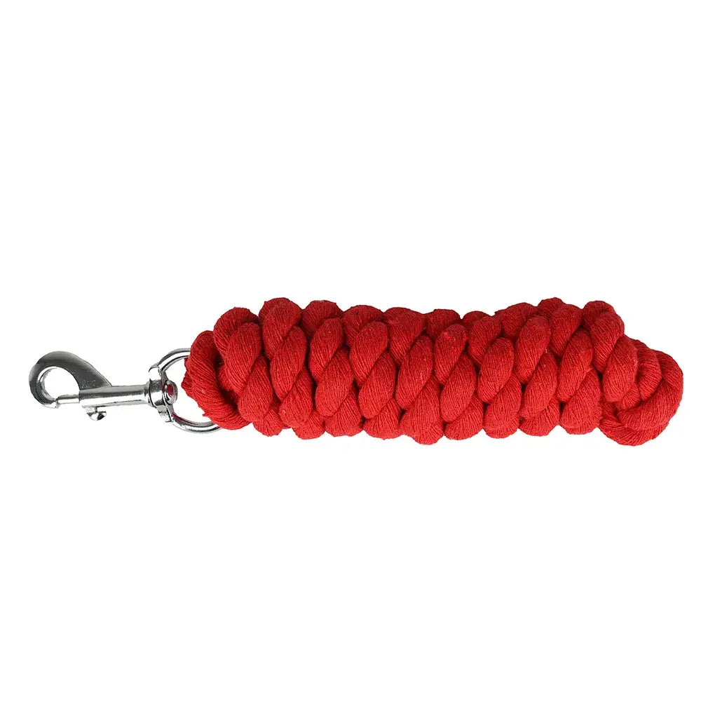 Red braided cotton lead rope with silver metal clip in hyconic lead rope for easy horse handling