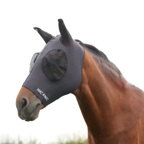 Black mesh hyconic lycra fly mask with solid fabric overlay and hyconic logo embroidered on the side