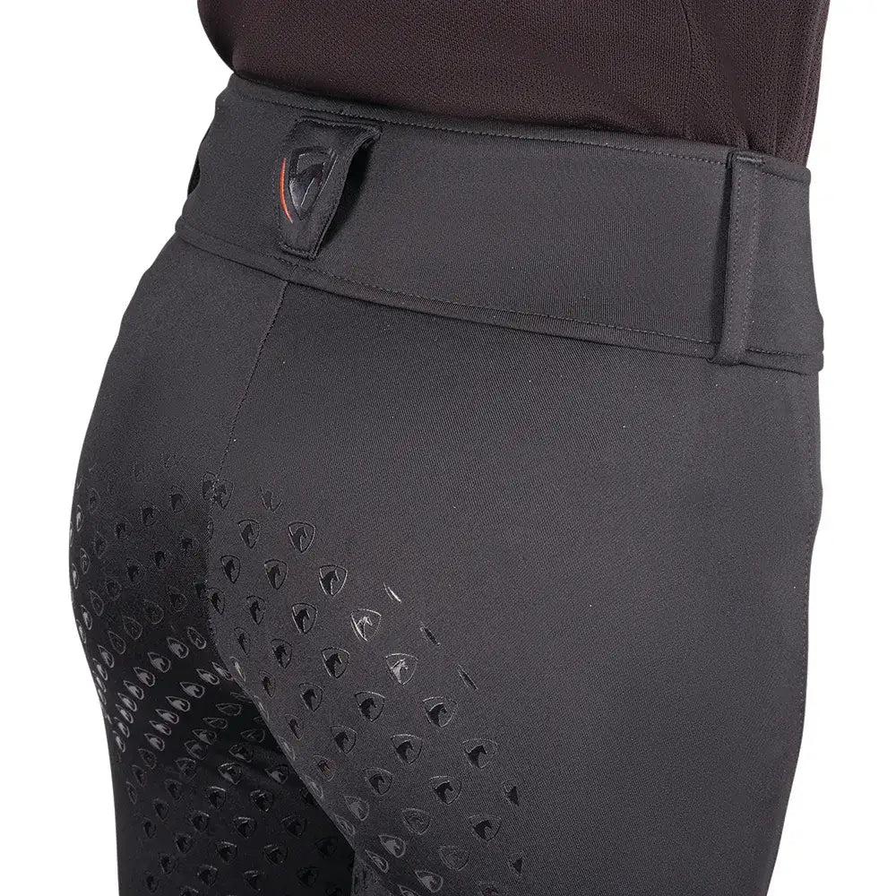 Black hyconic torrellas riding tights with textured perforated thighs and branded logo patch at waistband
