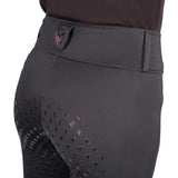 Black hyconic torrellas riding tights with textured perforated thighs and branded logo patch at waistband
