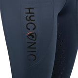 Dark navy hyconic torrellas riding tights with black embroidered branding and perforated side panels for riding