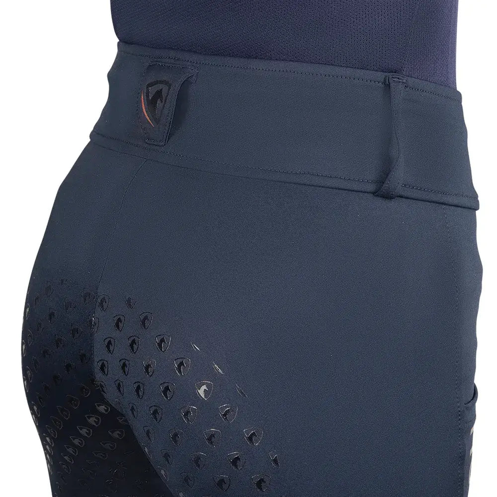 Dark navy hyconic torrellas riding tights with high waistband and textured perforated thigh grip panels for riding