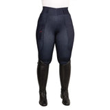 Navy blue hyconic valloria denim stretch riding tights with reinforced knees and side pockets for riding use