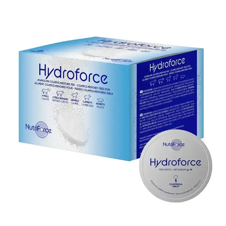 Light blue and white cardboard box of hydroforce tablets highly soluble effervescent oral rehydration solution for calves and goats
