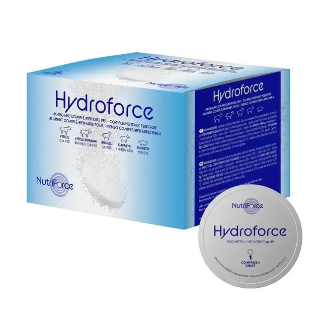 Light blue and white cardboard box of hydroforce tablets highly soluble effervescent oral rehydration solution for calves and goats