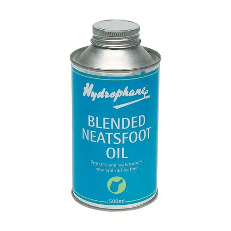 A blue can of hydrophane blended neatsfoot oil with silver lid used as leather oil to protect new and old leather