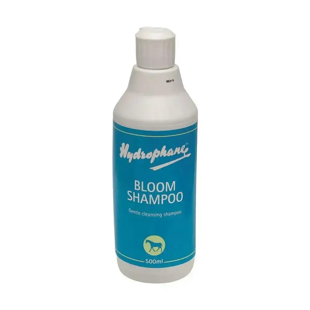 White plastic bottle of hydrophane bloom shampoo 500ml with blue label and green horse icon for rich cleansing frequent coat fresh use