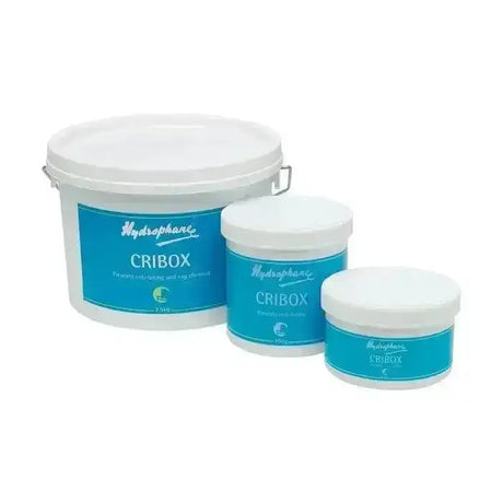 Three white plastic containers of hydrophane cribox with bright blue labels and lids for horse care and equestrian use