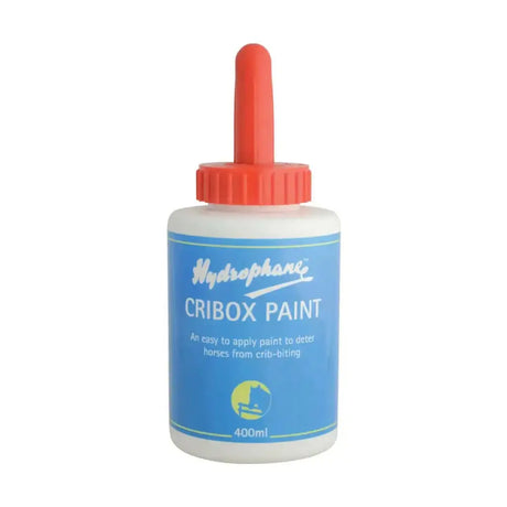 A white plastic bottle with an orange dropper cap labeled hydrophane cribox paint prevents crib biting effectively