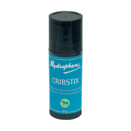 Blue hydrophane cribstix cylindrical tube 65g with black cap and base for crib-biting preventative with screw-up applicator