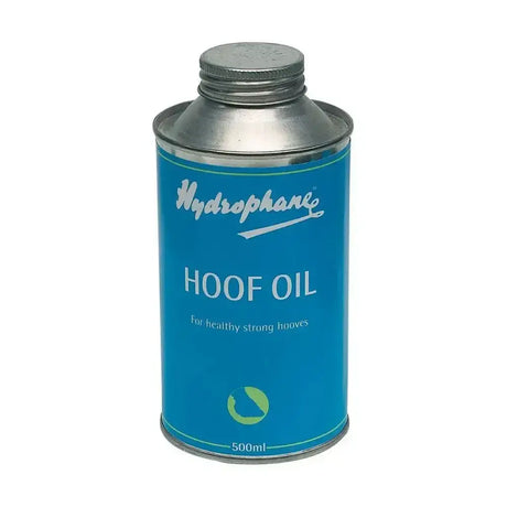 Blue cylindrical can of hydrophane hoof oil 500ml with metallic silver lid for strong hooves care