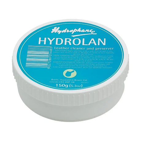 White plastic container with teal label hydrophane hydrolan leather cleaner 150g for horse tack accessories care