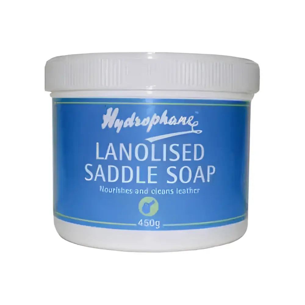 Blue and white cylindrical container of hydrophane lanolised saddle soap 450g ideal for tack care and leather maintenance