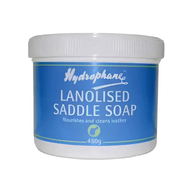 Blue and white cylindrical container of hydrophane lanolised saddle soap 450g ideal for tack care and leather maintenance