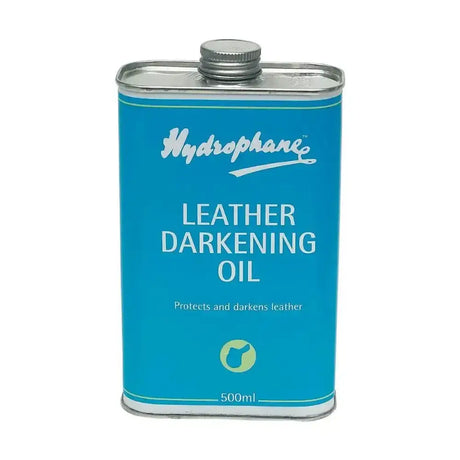 Hydrophane leather darkening oil in a bright blue can with silver cap that darkens leather for restoration and care