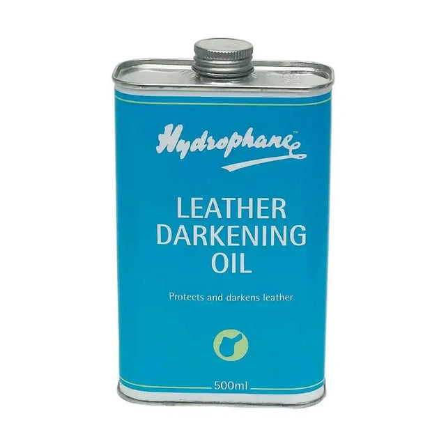 Hydrophane leather darkening oil in a bright blue rectangular can with silver cap that darkens leather effectively