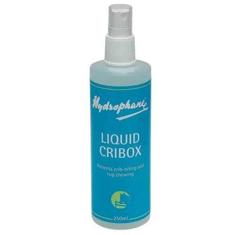 A translucent blue spray bottle with white nozzle labeled hydrophane liquid cribox for preventing crib biting and rug chewing
