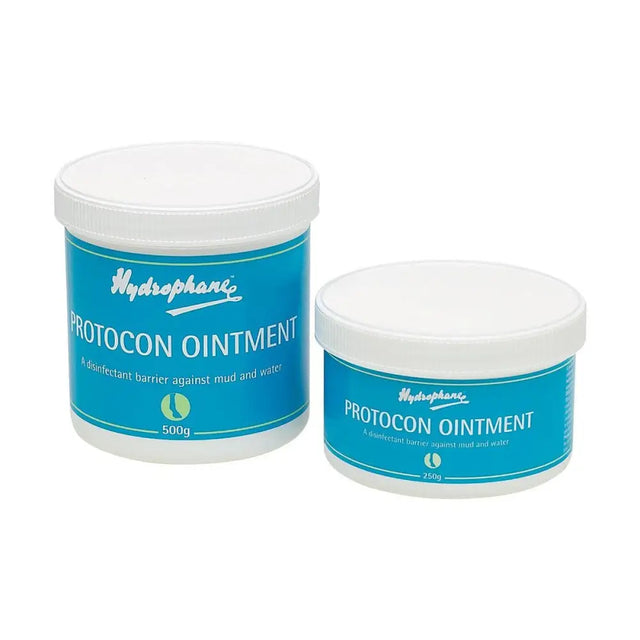 Two white-lid containers of hydrophane protocon ointment in blue labels offering heavy duty water resistant barrier in 500g and 250g sizes