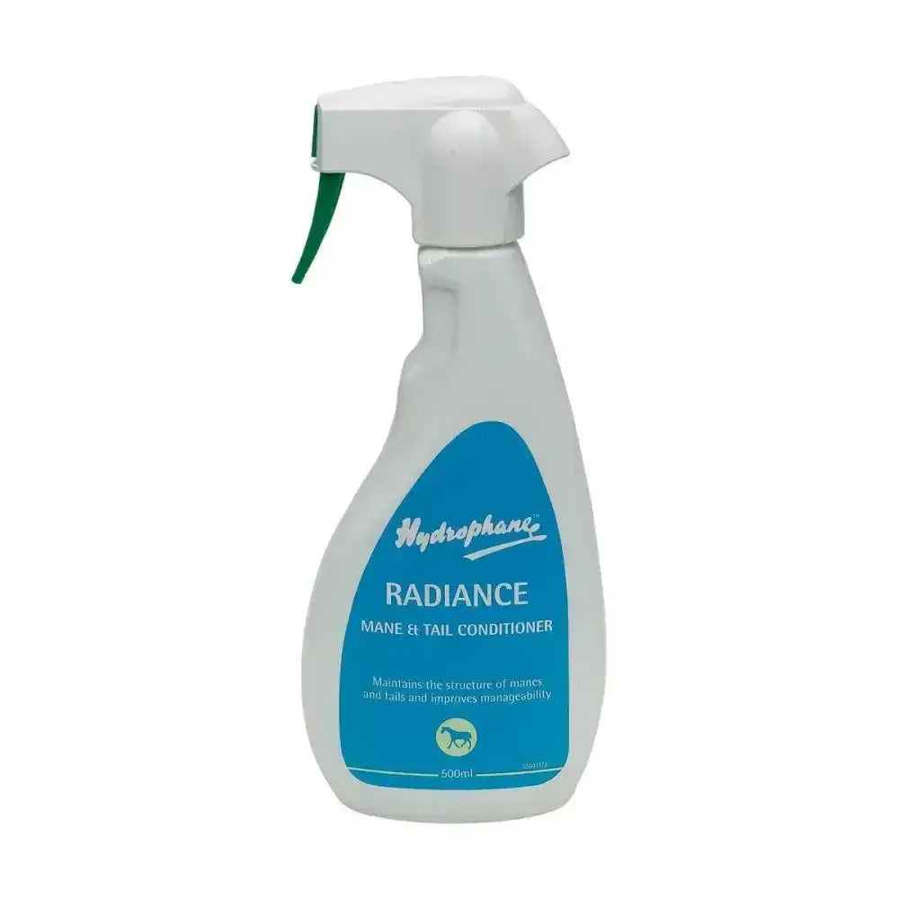 White plastic spray bottle of hydrophane radiance mane tail conditioner with green trigger for silky shine hair care