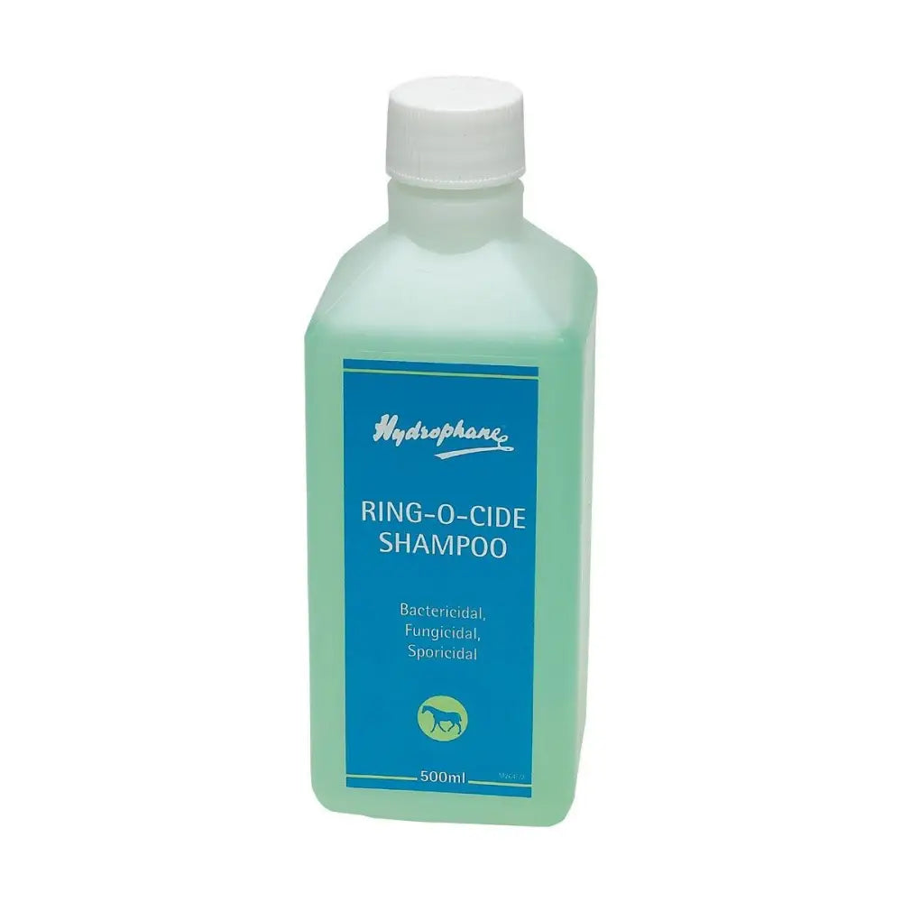 A translucent light green 500ml bottle of hydrophane ring-o-cide shampoo with a white cap and blue horse label