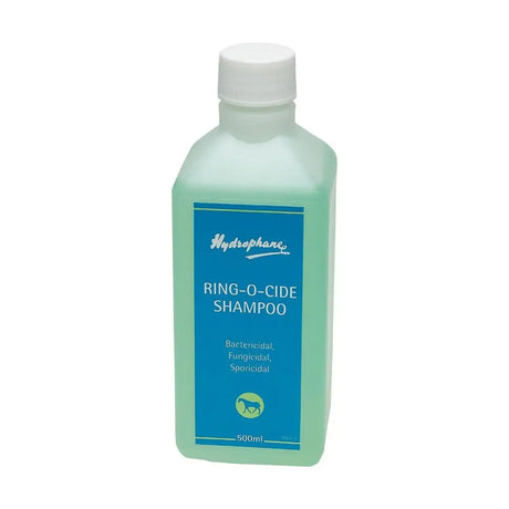 A translucent light green 500ml bottle of hydrophane ring-o-cide shampoo with a white cap and blue horse label