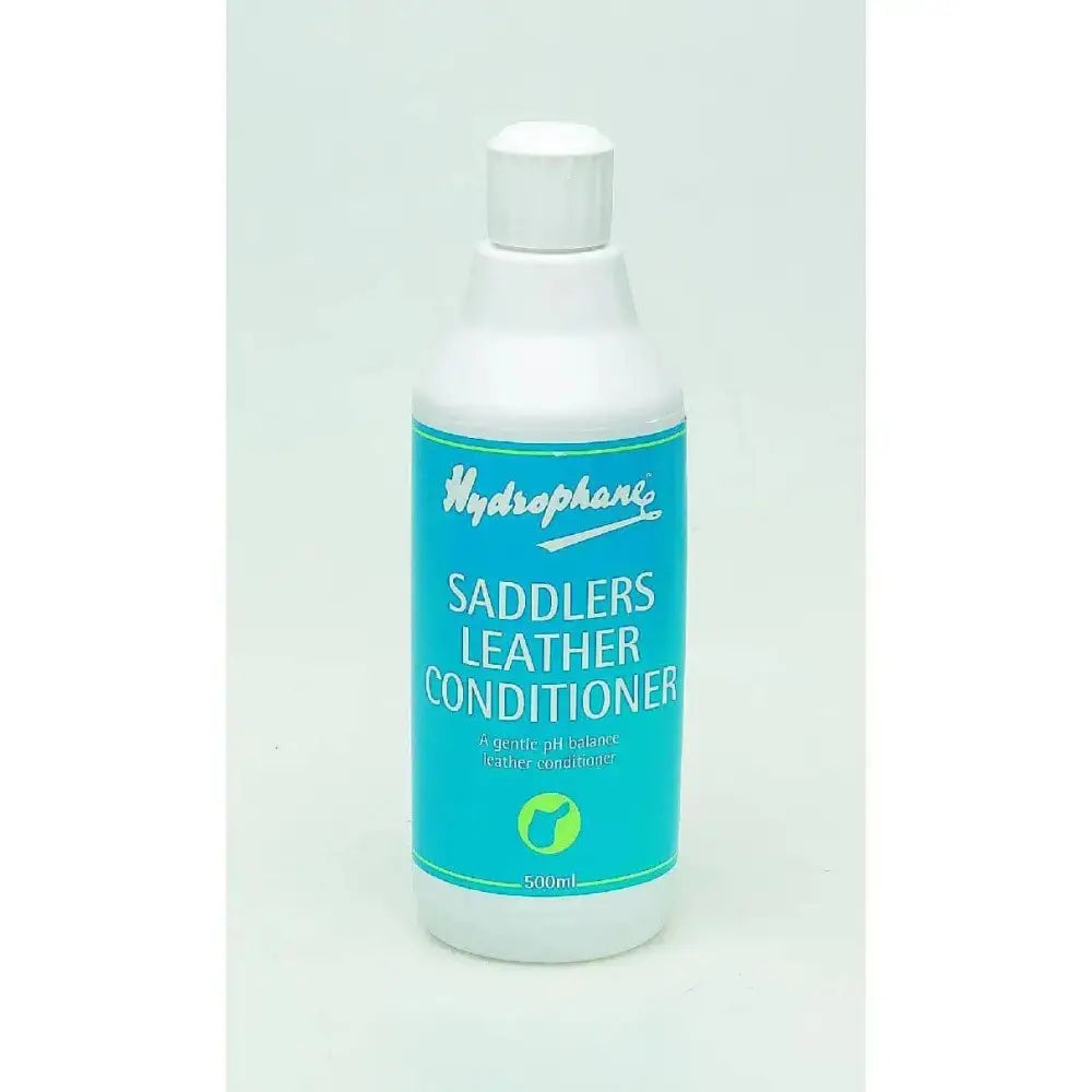 A white plastic bottle with teal label and cap of hydrophane saddlers leather conditioner 500ml liquid neatsfoot oil
