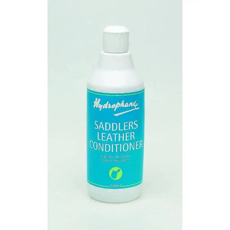 A white plastic bottle with teal label and cap of hydrophane saddlers leather conditioner 500ml liquid neatsfoot oil