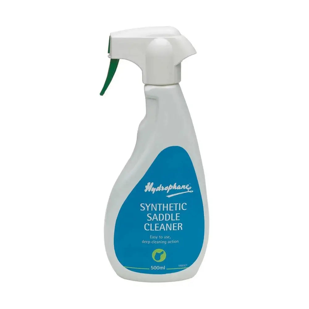 White plastic spray bottle with green trigger and blue label hydrophane synthetic saddle cleaner 500ml low foaming biocidal formulation