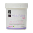 White plastic container of hyhealth aloe vera gel 225g with additional moisturising properties to soothe irritated areas