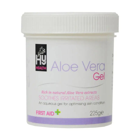 White plastic container of hyhealth aloe vera gel 225g with soothing and additional moisturising properties for irritated areas