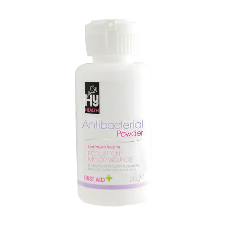 White plastic bottle of hyhealth antibacterial powder with pink label and white cap for protecting horses minor wounds