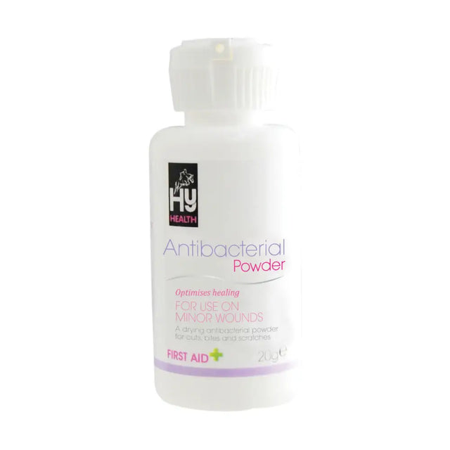 White plastic bottle of hyhealth antibacterial powder with pink label and white cap for protecting horses minor wounds