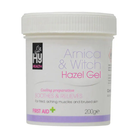 White plastic jar of hyhealth arnica and witch hazel gel 200g cooling preparation designed for soothing skin relief