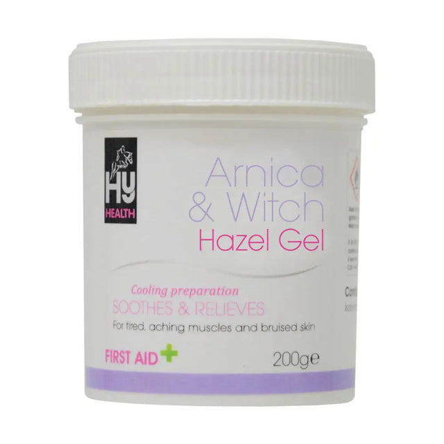 White plastic jar of hyhealth arnica and witch hazel gel 200g cooling preparation designed for soothing skin relief