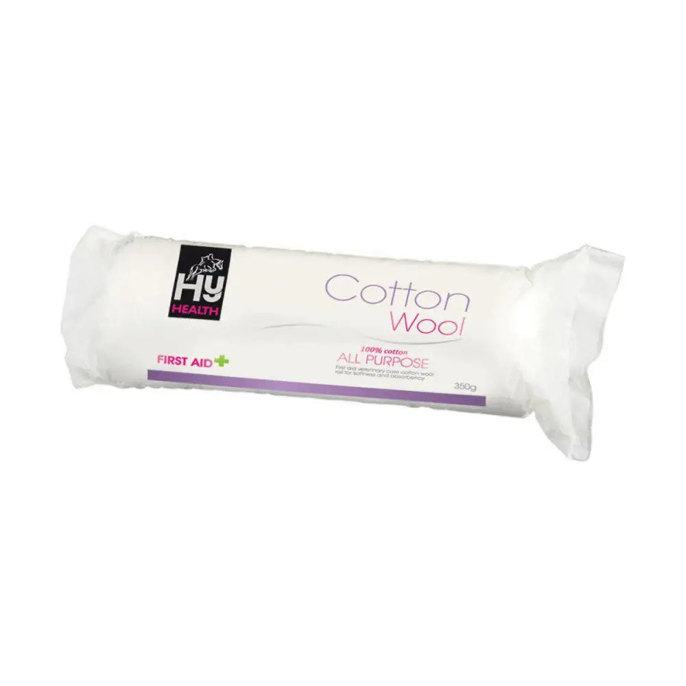 A white 350g roll of hyhealth cotton wool in clear plastic with purple and black hyhealth cotton wool branding