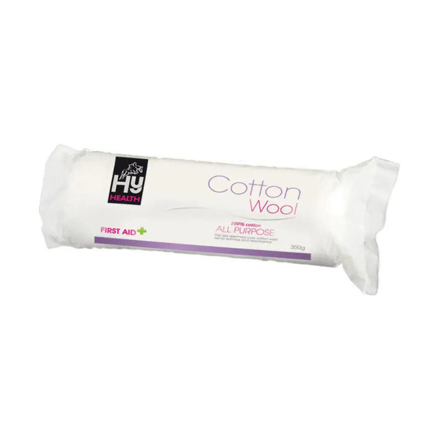 A white 350g roll of hyhealth cotton wool in clear plastic with purple and black hyhealth cotton wool branding