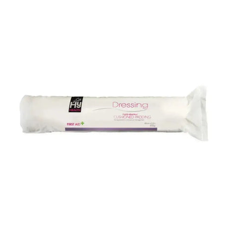 White cylindrical hyhealth dressing 45cm roll with black purple label featuring highly absorbent cushioned padding for leg protection