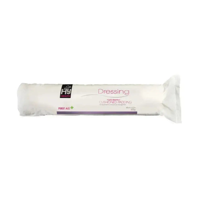 White cylindrical hyhealth dressing 45cm with black and purple label, highly absorbent cushioned padding for leg protection