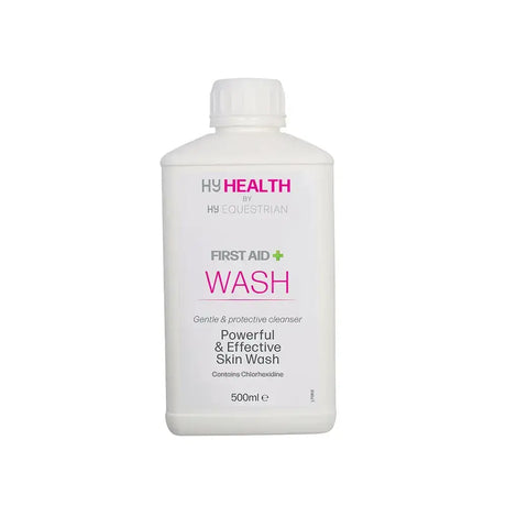 White plastic bottle of hyhealth wash by hy equestrian gentle skin wash with chlorhexidine for horses and equestrian care