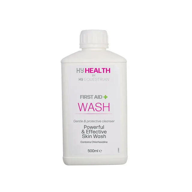 White plastic bottle of hyhealth wash by hy equestrian gentle skin wash with chlorhexidine for horses and equestrian care