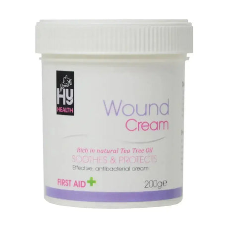 White plastic container of hyhealth wound cream with pink purple text featuring natural tea tree oil antibacterial agents