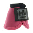 Pink fabric hyimpact pro over reach boot with black padded top and gray logo patch featuring anti-spin heel knob