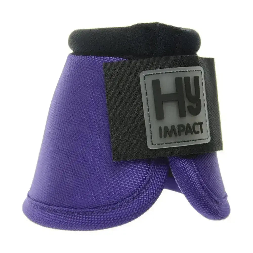 Purple hyimpact pro over reach horse hoof boot with black padded top gray logo patch and anti-spin heel knob