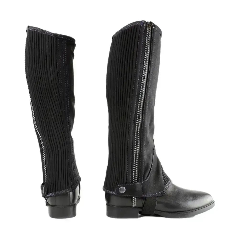Black ribbed leather hyland amara diamante half chaps with zipper closure and adjustable strap for riding use