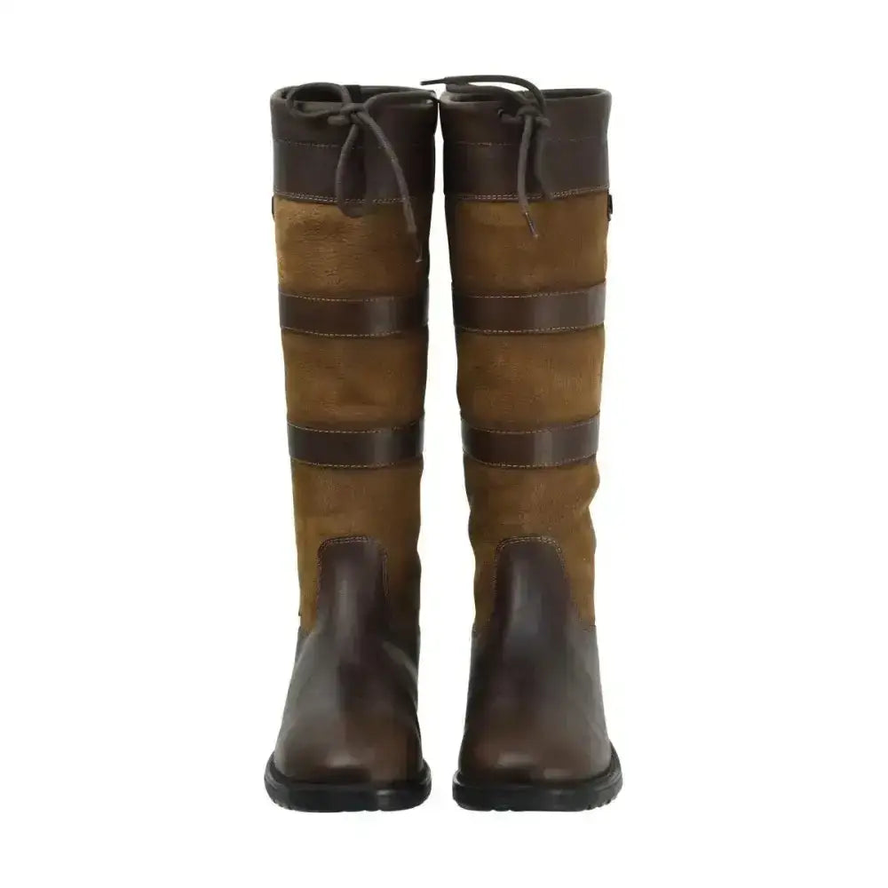 Hyland bakewell long suede riding boots in brown tan with dark leather accents and laces for practical long country use
