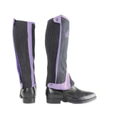 Hyland children’s two tone amara half chaps in purple and black with ribbed fabric and adjustable straps for kids